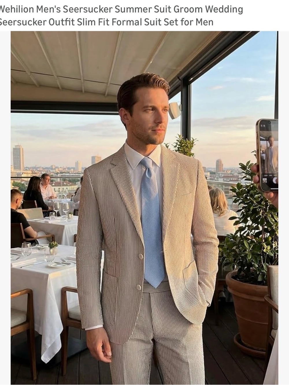 Men’s Beige Seersucker Suit - Slim Fit Blazer & Trousers. Khaki